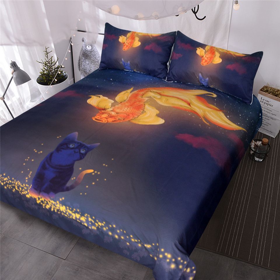 Funny Cat And Goldfish Bedding Set 3 Piece Woodland Animals Bedspread Vintage Asian Duvet Cover For Kids - Woodland Bedding Set Funny Cat And Goldfish Bedding Set 3 Piece Woodland Animals Bedspread Vintage Asian Duvet Cover For Kids - Woodland Bedding Set