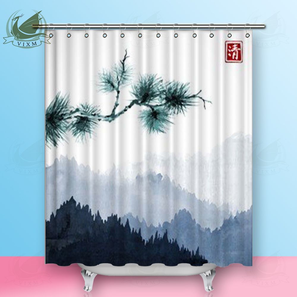 2019 Vixm Home Green Trees And Blue Mountains Fabric Shower Curtain 2019 Vixm Home Green Trees And Blue Mountains Fabric Shower Curtain Oriental Ink Painting Bath For Bathroom With Hook Rings 72 X From Bestory