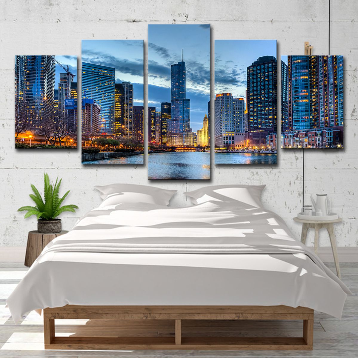 Canvas Wall Art Pictures Home Decor 5 Pieces Chicago City Night View Paintings Hd Prints Beautiful River Building Posters