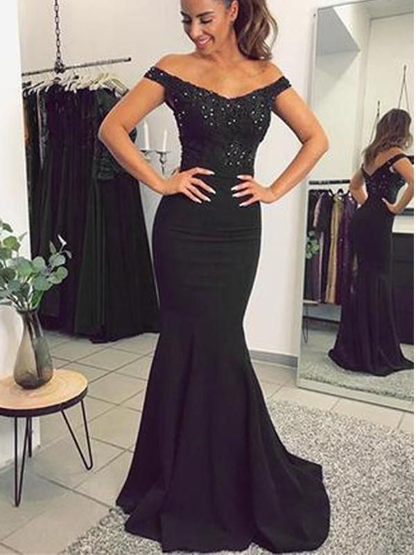 elegant beaded off shoulder evening gown