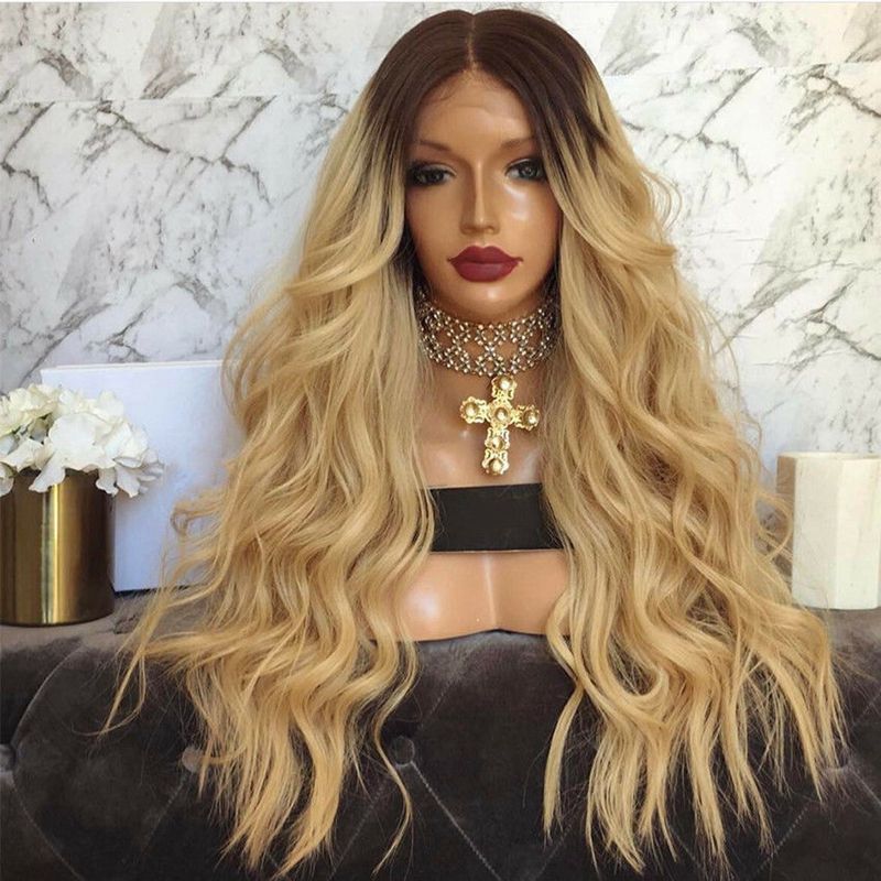 Stock Long Blonde Wig With Dark Roots Ombre Blonde Lace Front Wig