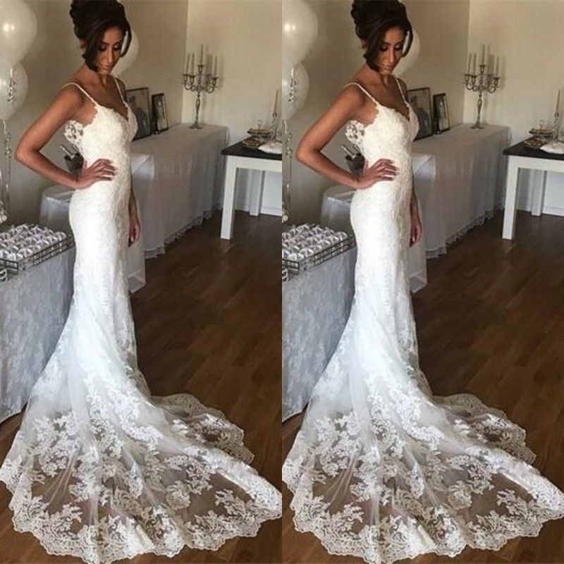 Beach Wedding Dresses Spaghetti Strap Train