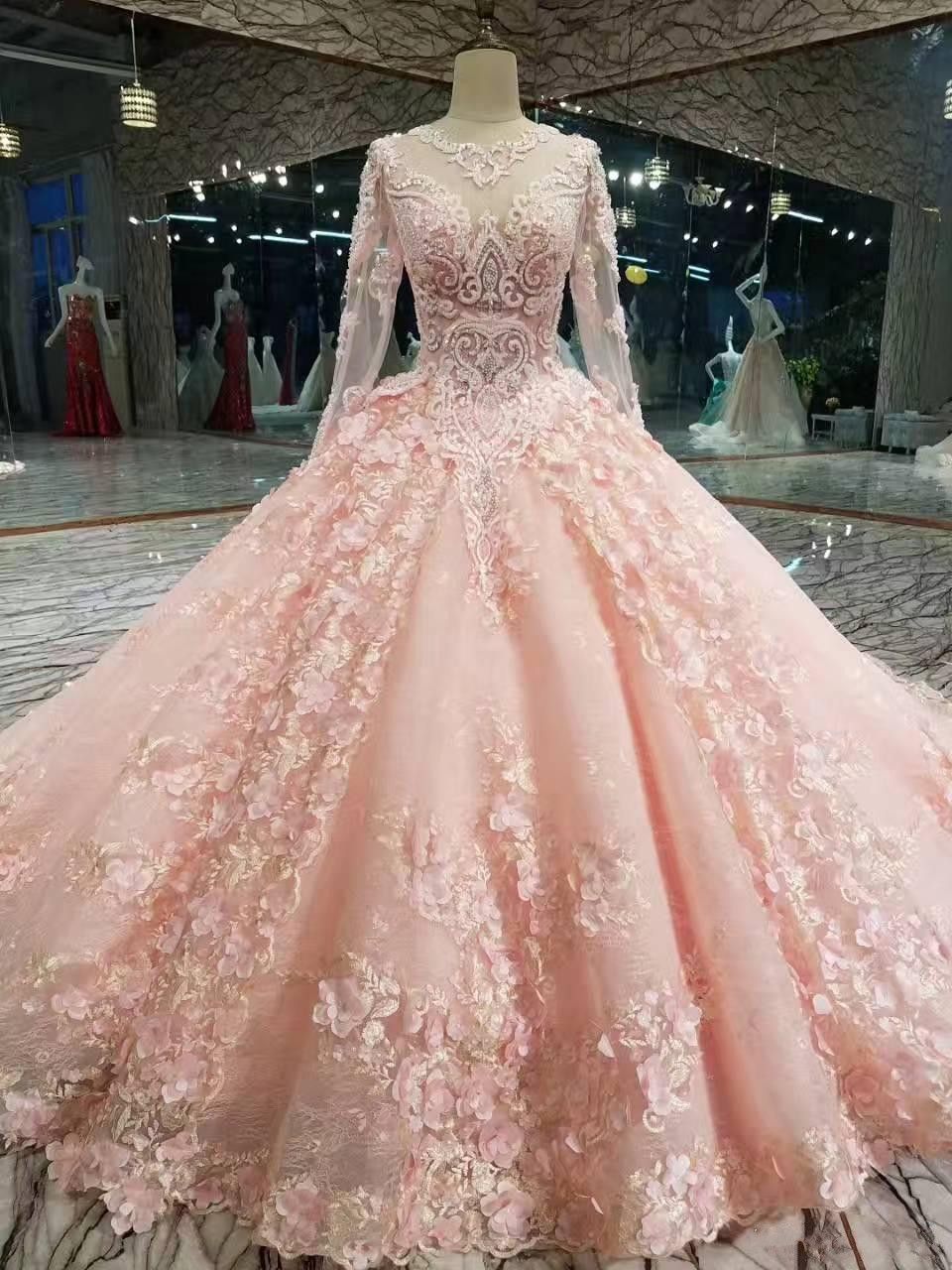 Luxury Pink New Designer Ball Gown Prom Dresses Long Sleeves Lace ...