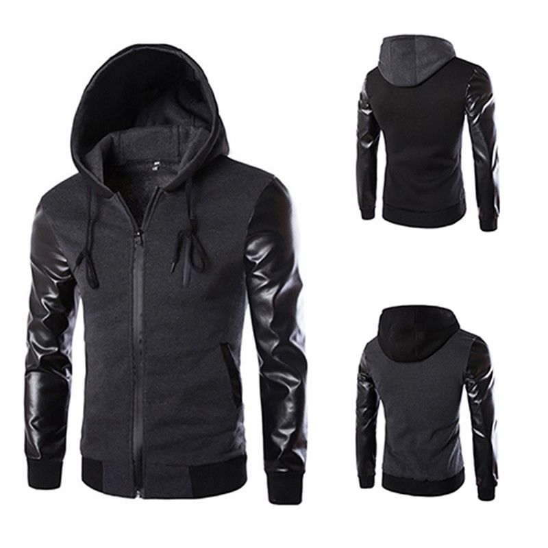 Men Fashionleather Jacket Korean Style Cool Hooded Pocket Zip Faux Leather Sleeve Coat