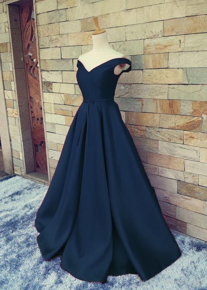 navy blue off shoulder prom dress