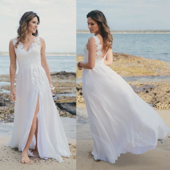 2018 Cheap Beach Wedding Dresses V Neck Backless A Line Chiffon Split Bridal Gowns Custom Made Vestido De Noiva Reception Dress For Bride