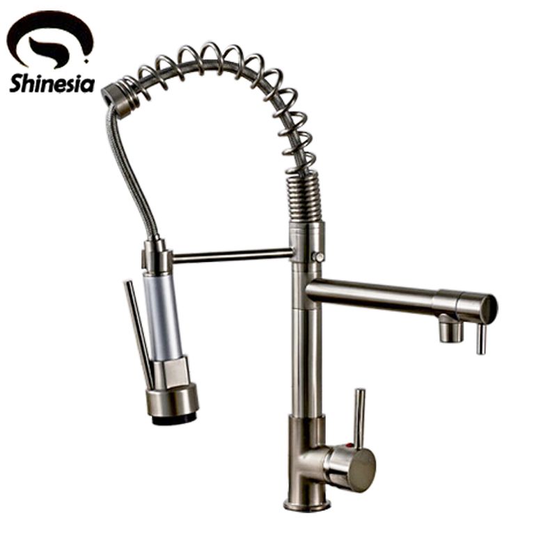 Brushed Nickel Brass Pull Down Spray Kitchen Faucet Mixer Tap