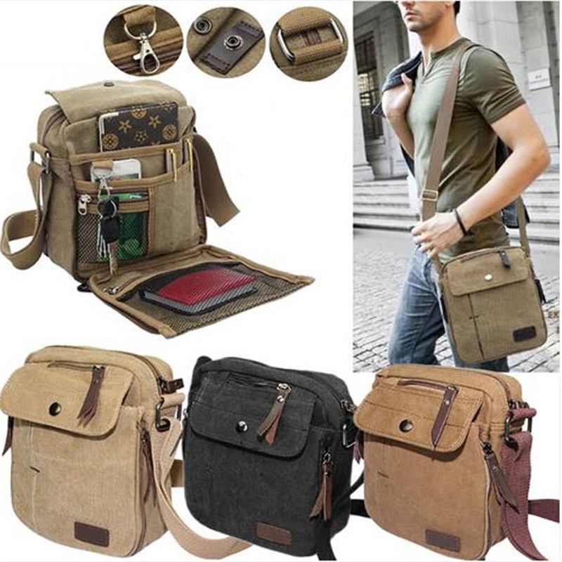 Men&#39;S Military Vintage Canvas Leather Satchel Shoulder Bag Messenger School Bag Overnight Bags ...
