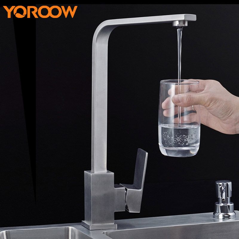 Square Brushed Stainless Steel Drinking Kitchen Faucet High Handle Set Tap Filter Rotary Mixer Water Swivel Single Hole Lh0004