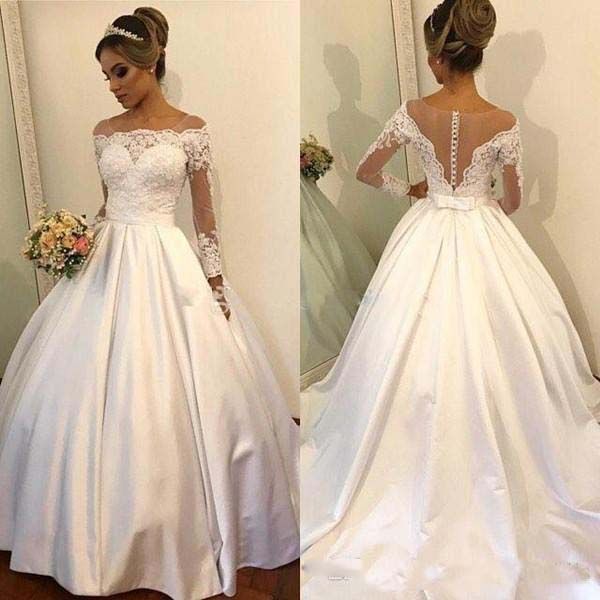 Cheap Beach Wedding Dresses Ball Gown Scoop Long Sleeve Sweep Train Bridal Gowns With Lace Satin Button Back Wedding Gowns