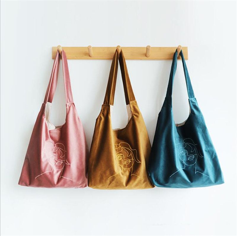 Winter Korean Gold Velvet Embroidered Canvas Tote Bag One Shoulder Tote Handbags Totes Beach ...