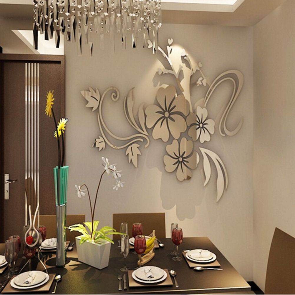 40*60cm Wall Stickers Gold Silver Acrylic 3D Poster Mirror Flower Wall