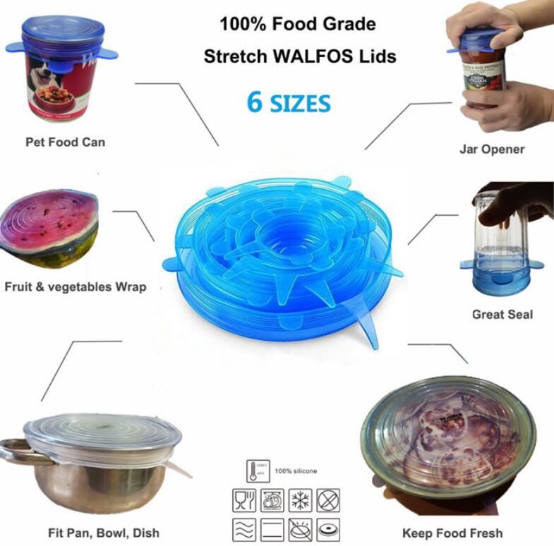 6pcs/set Blue Cookware Parts Stretch & Fit Silicone Stretch Food Fruit Lids 2018 