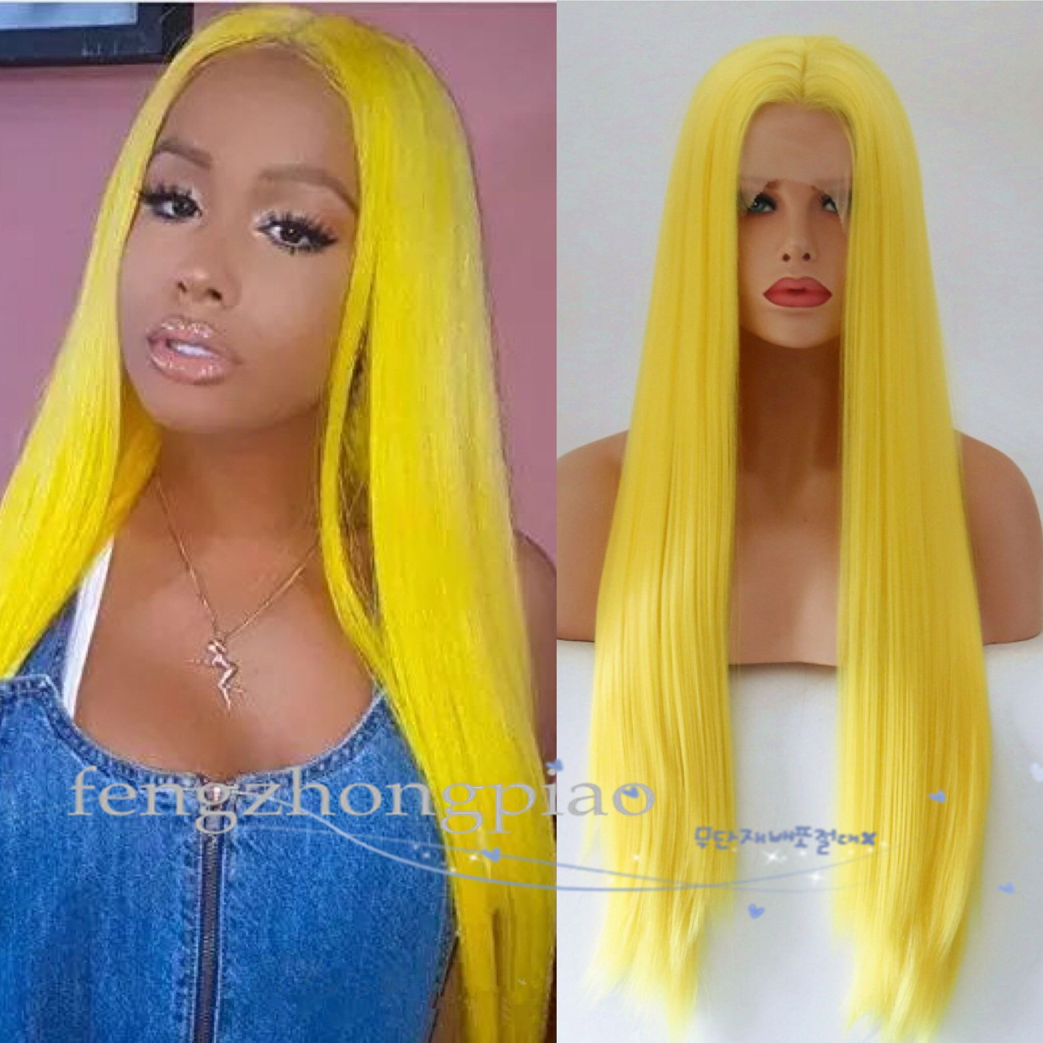 FZP Yellow Synthetic Lace Front Wig Tied Natural Long Straight Yellow Heat Resistant Fiber Hair