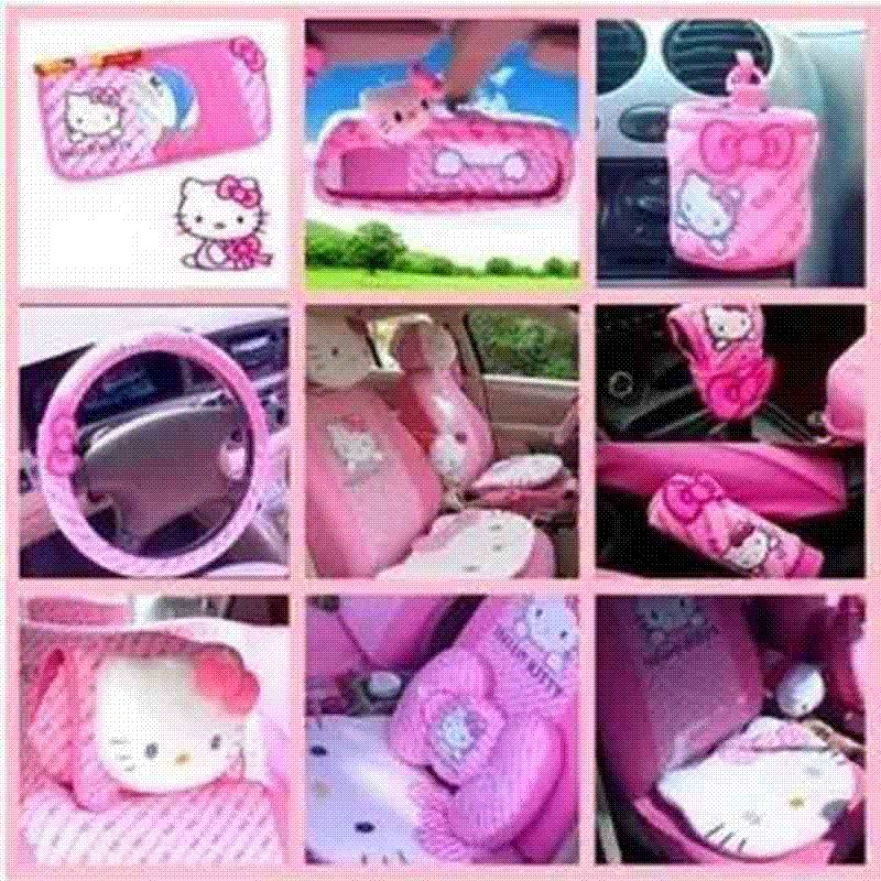 Hello Kitty Car Accessories Cute Cartoon KT Car Steering Wheel Cover Sun Visor CD Storage Bag