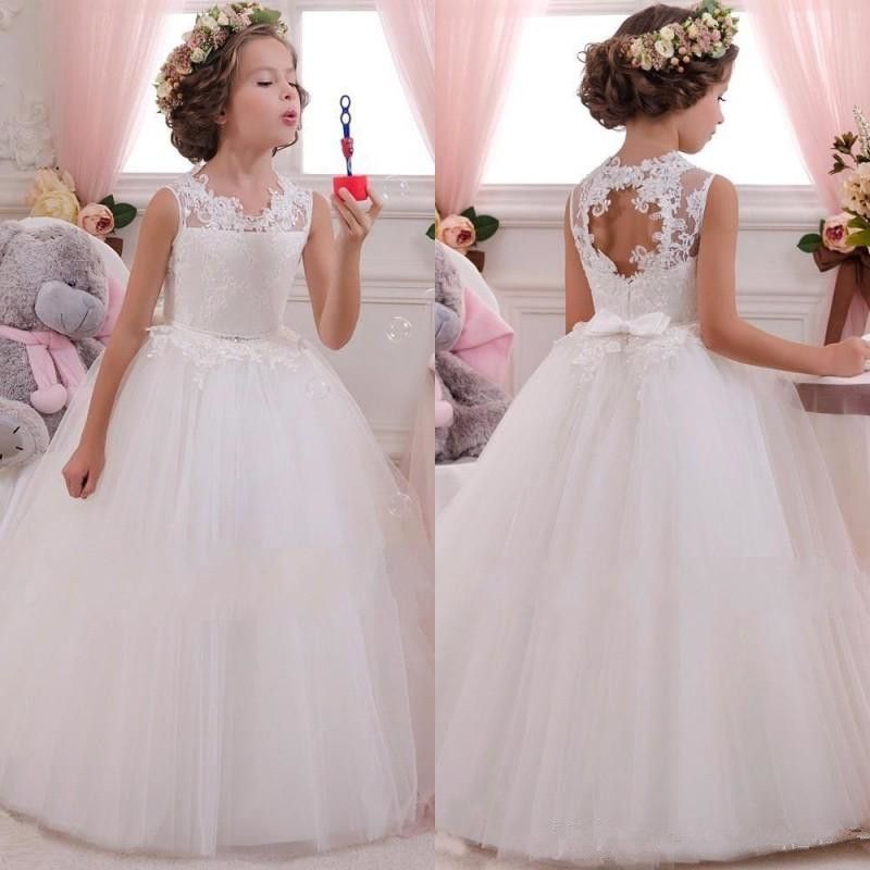 Acheter Pas Cher Spaghetti Dentelle Et Tulle Robes De Fille De Fleur Pour Mariage Blanc Robe De Bal Princesse Filles Pageant Robes Enfants Communion