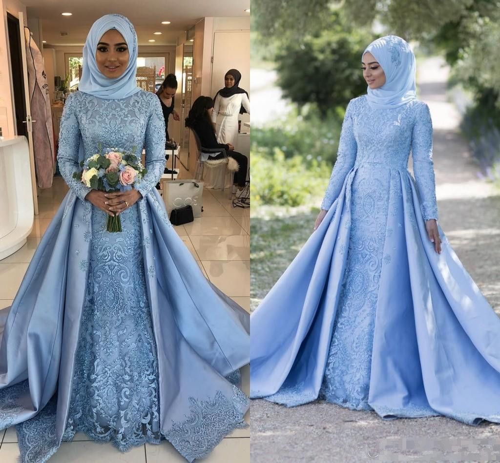 Modest Light Sky Blue Muslim Evening Dresses 2019 Long Sleeves Lace Applique Satin High Neck A 