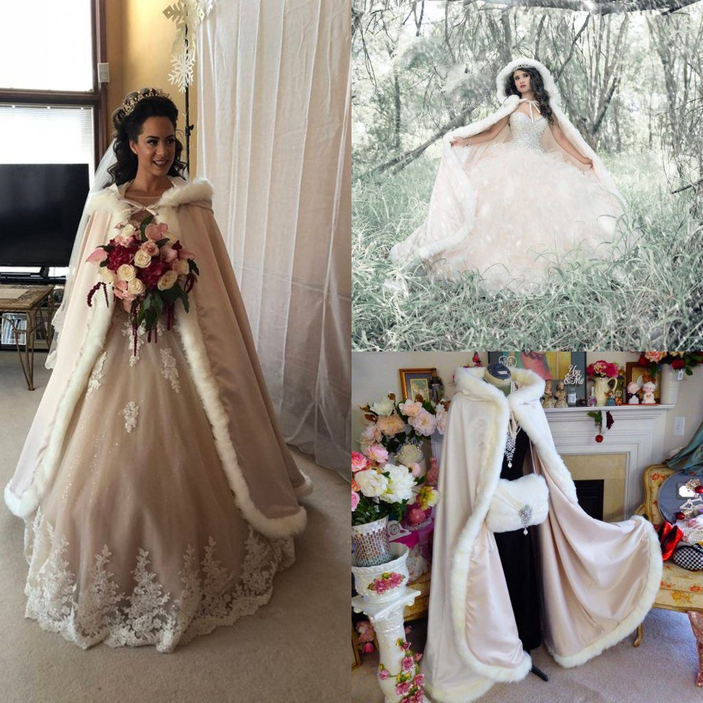 lvory Wedding Bridal Cloaks Winter Faux Fur Cape Hooded Mantles Wraps White