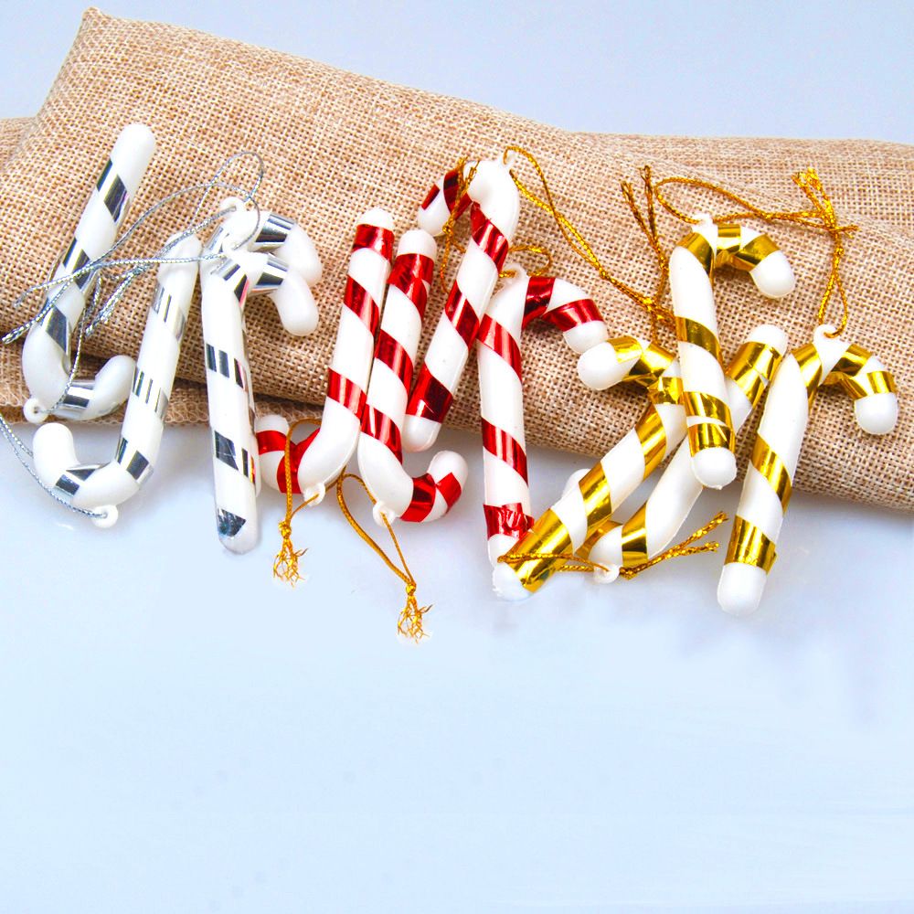 2018 New Xmas Candy Cane Ornament Christmas Tree Pendant Drop Ornaments Decorations Mini Stripe Cane Stick Craft Blank Decor Gold Silver Red Christmas