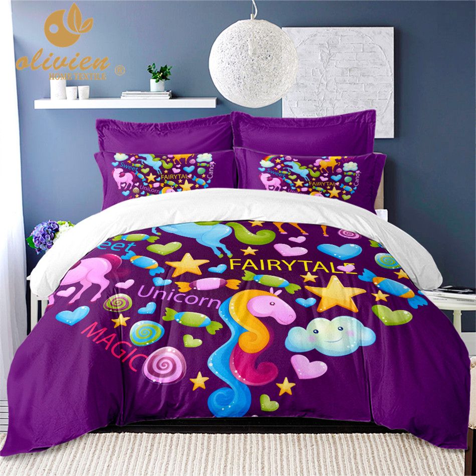 Unicorn Bedding Set Purple Duvet Cover Queen For Children King Size Colorful Home Textile Kids Bed Linen 25