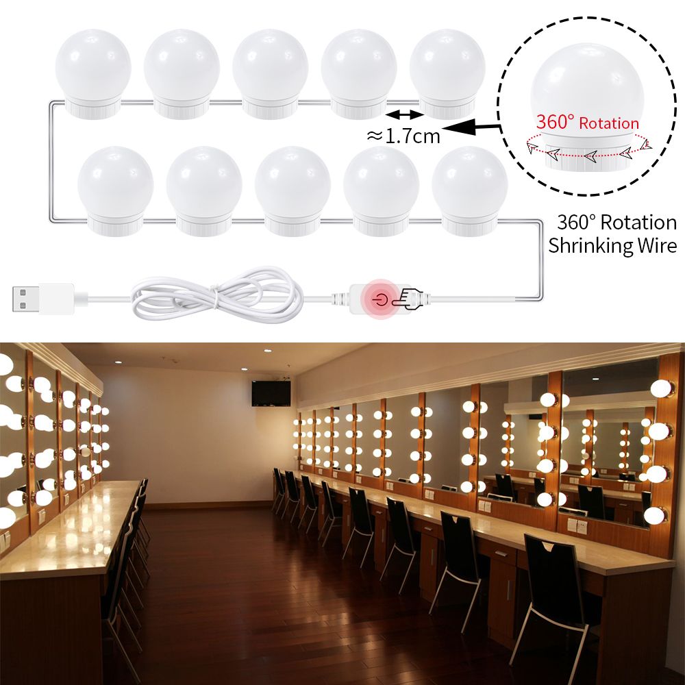 Hollywood Style Led 10w Makeup Mirror Vanity Light 10 Pcs Bulbs Usb 12v Dressing Table Lamp Kit Adjule Brightness
