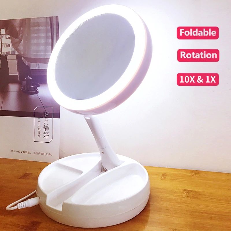 Led Lights Folding Mirror 10x Magnification Makeup Compact Stand Hand Cosmetic Woman Pocket Mirrors Vanity Lamp