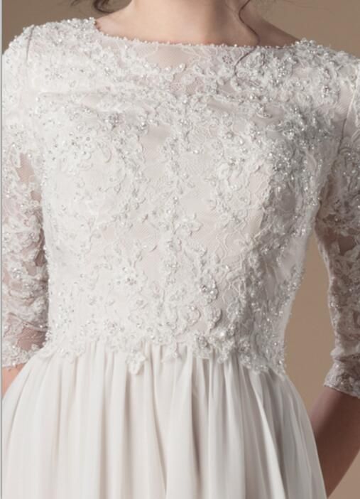 Discount Ivory Champagne Modest Wedding Dresses With 3/4 Sleeves Beaded Lace A Line Chiffon Boho