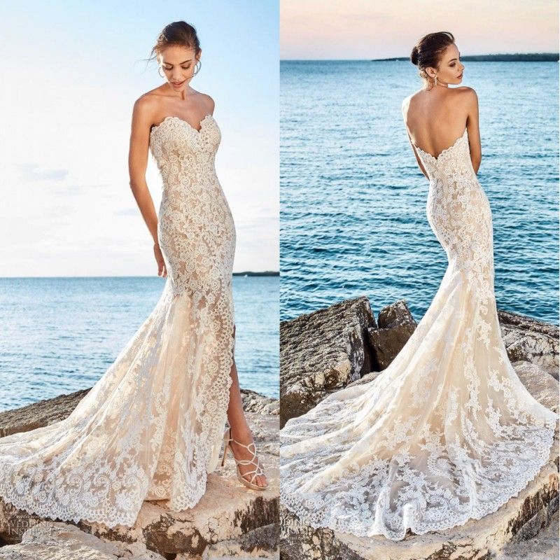 2018 Sexy Beach Mermaid Lace Wedding Dresses Sweetheart Slit Side Front