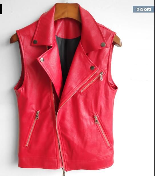2019 2018korean Version Of The Stylish Sleeveless Leather Vest Men S 2018korean Version Of The Stylish Sleeveless Leather Vest Men S Slim Rocker Red Large Size Pu