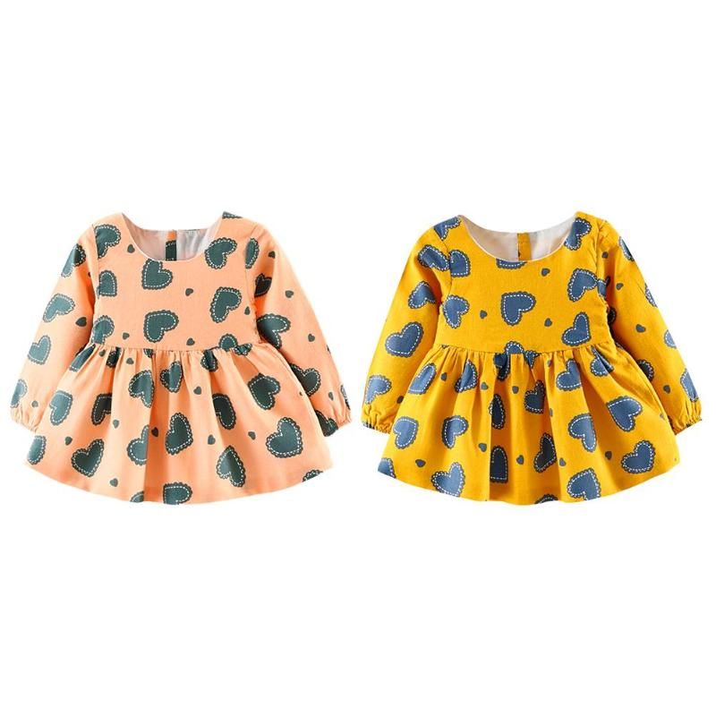 Cartoon Bear Long Sleeve A Line Dress Hearts Print Girls Baby Swing Clothes