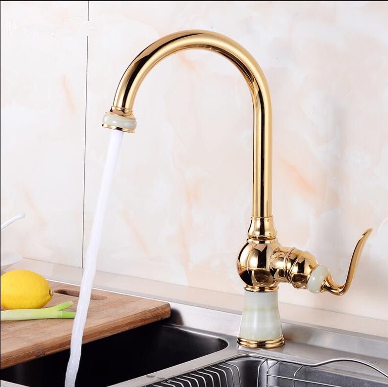 Tall Kitchen Faucets Brass With Marble Crane Single Handle Gold Finish 360 Swivel Mixers Taps Tap Sink Mixer
