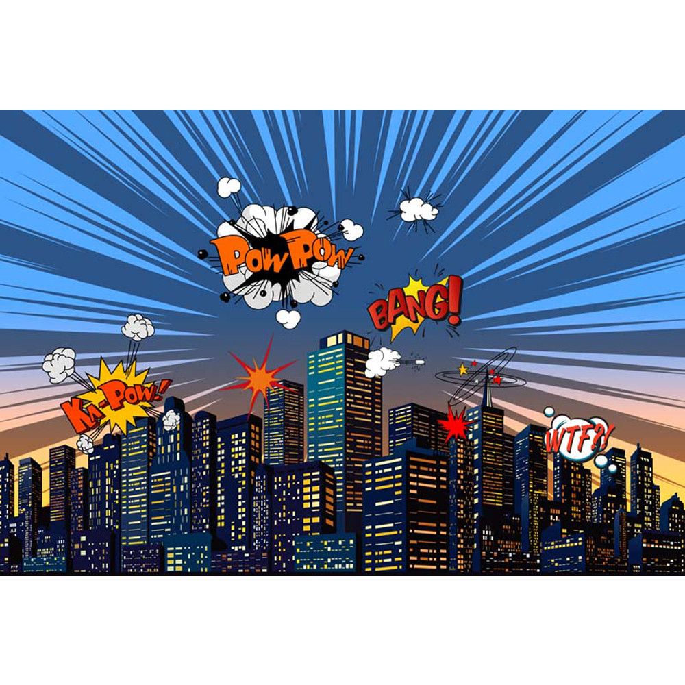 Cartoon Superhero Themed Backdrop Photography Printed Blue Sky City