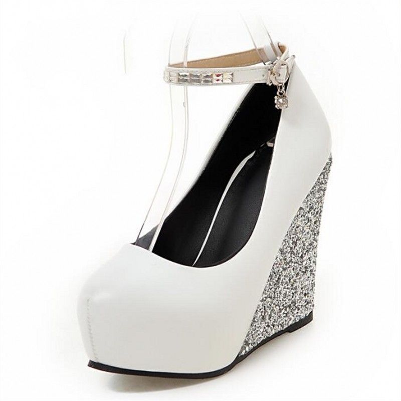 Cheap White Wedge Heel Wedding Shoes For Bride Red Crystal Bridal