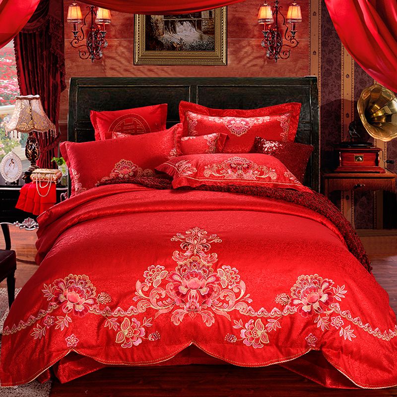 Luxury Oriental Wedding Bedding Set King Queen Size Red Color Stain Luxury Oriental Wedding Bedding Set King Queen Size Red Color Stain Jacquard Embroidery Bed Duvet Cover Flat Sheet Boy Princess From