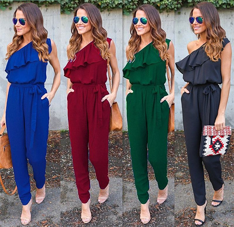 Compre 2018 Nova Moda Verão Estourando Ombro Inclinado Bolso Costura Calças Sexy Macacões Mulheres Roupas De Alta Qualidade Venda Barato De Beautifuly, $179,52 | Pt.Dhgate.Com