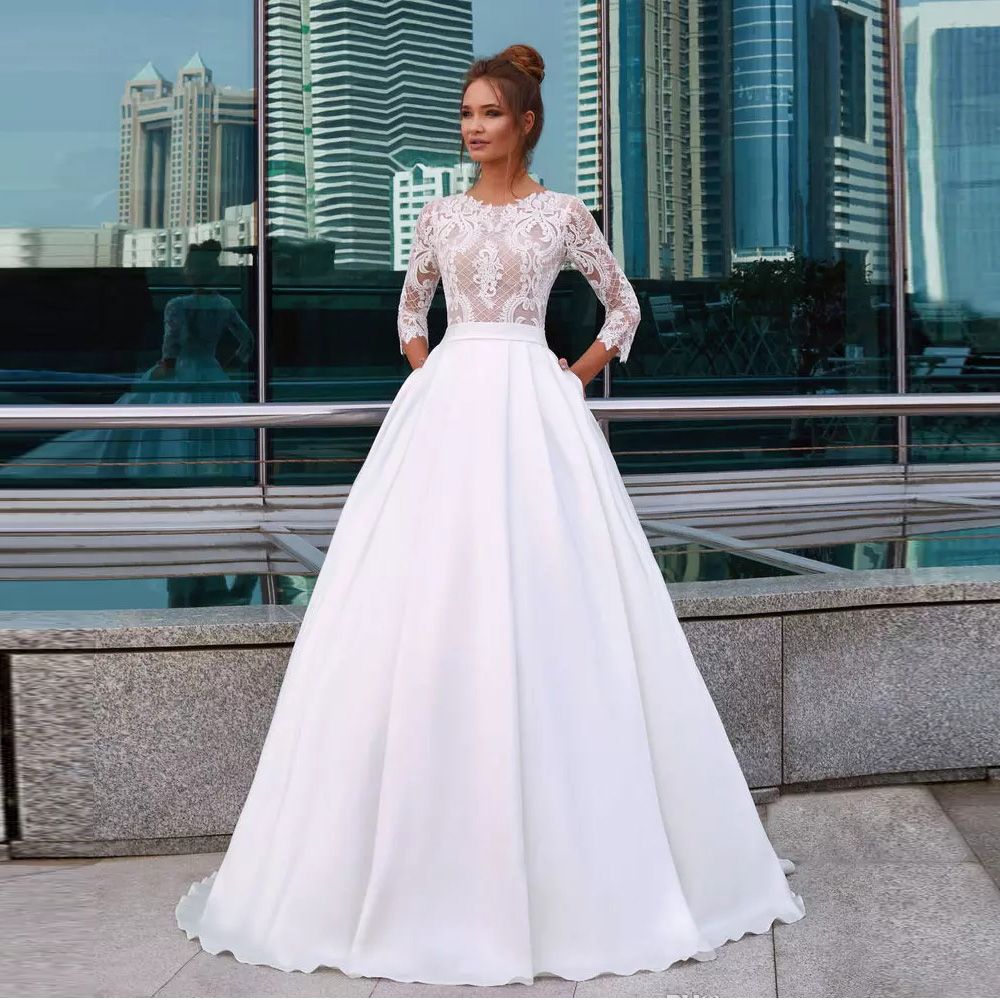 Grosshandel Elegante Weisse Prinzessin Brautkleider Jewel Hals 3 4 Armel Spitze Appliques Land Brautkleider Tasche Satin Vestido De Novia Von Wevens 98 9 Auf De Dhgate Com Dhgate
