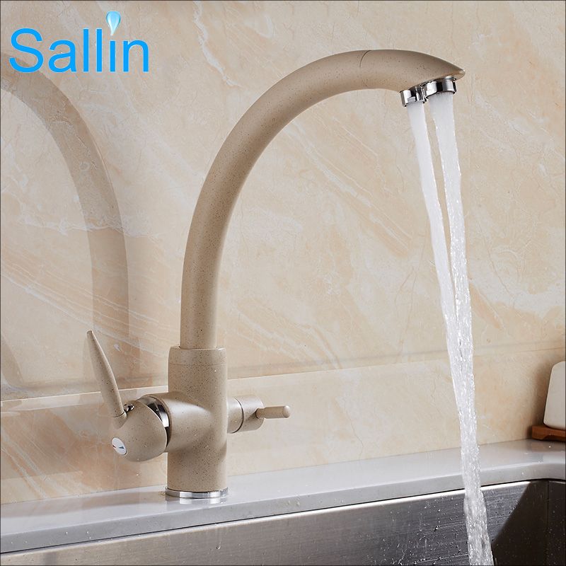 Sallin Sanitary 360 Swivel Kitchen Faucet Crane Black Double Spout Water Filter Tri Flow Brass White Tap 3 Colors