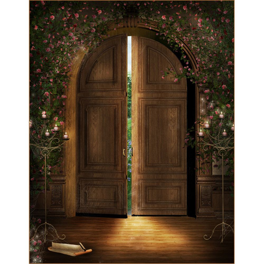 Vintage Brown Arch Door Backgrounds for Photo Studio Pink Flowers Green