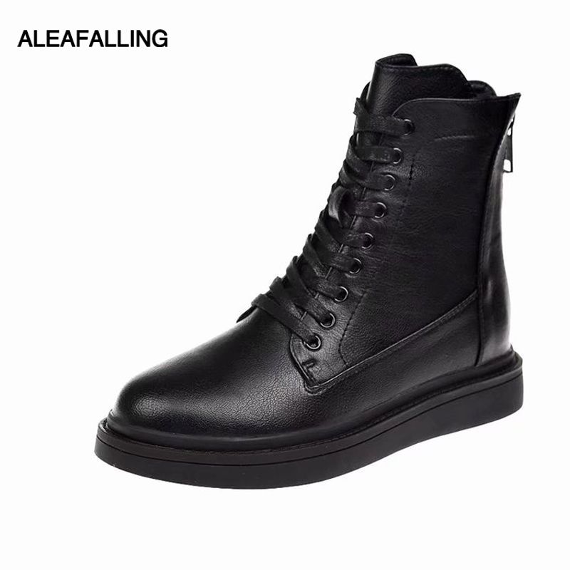Aleafalling women boots back zipper mature boots woman shoes flat with shoes woman pu leather ankle lace up botas WBT282