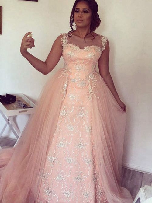 Elegant Coral Lace Prom Dresses Cheap Long Sheer Neck Tulle Hollow