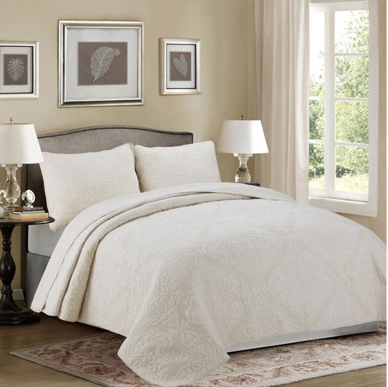 Solid White Beige Grey Color Soft Coon 3pcs Bedspread Quilted Bed Cover Bedding Set Queen Size Embroidered Sheets Blanket