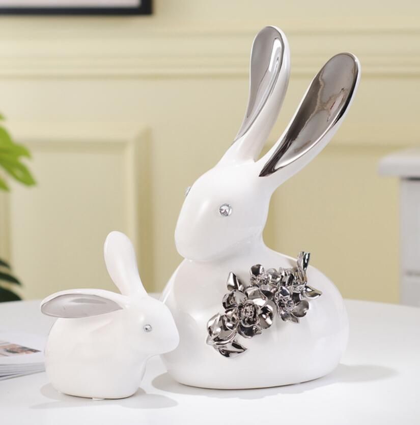 Ceramic Rabbit Key Tray & Trinket Dish - 7x7.3 Inch Silver Bunny Statue For Entryway, Desk, Or Dresser