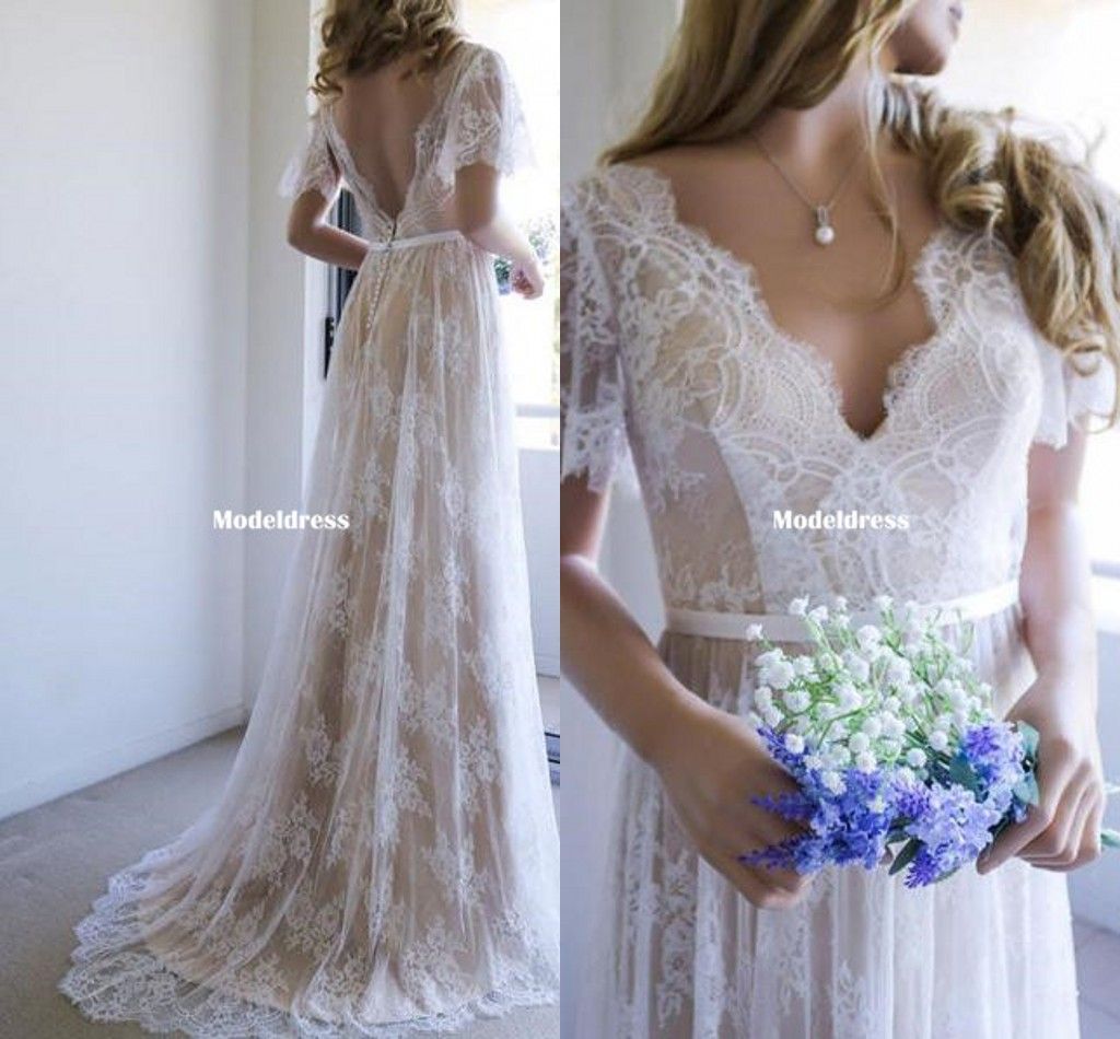 short sleeve open back wedding dress