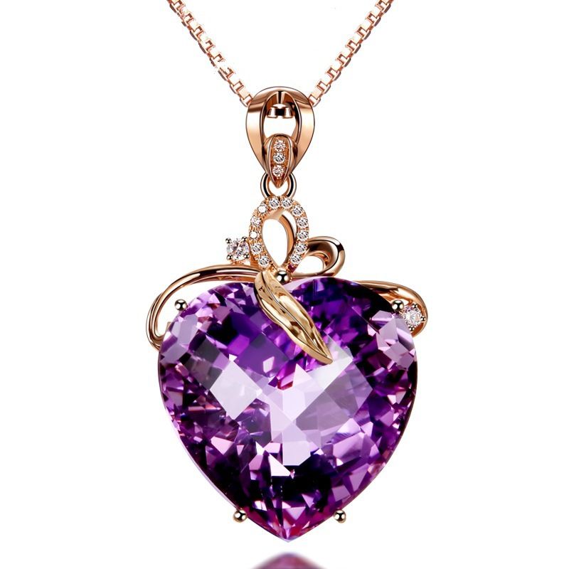 2020 Korean Version 14K Rose Gold Amethyst Pendant Female Rose Gold Love Gem Necklace Chain ...