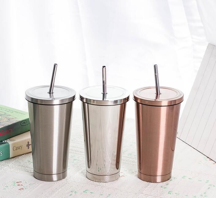 500ml 17oz Fashion Portable Coffee Mug With Lid Straw Double Wall