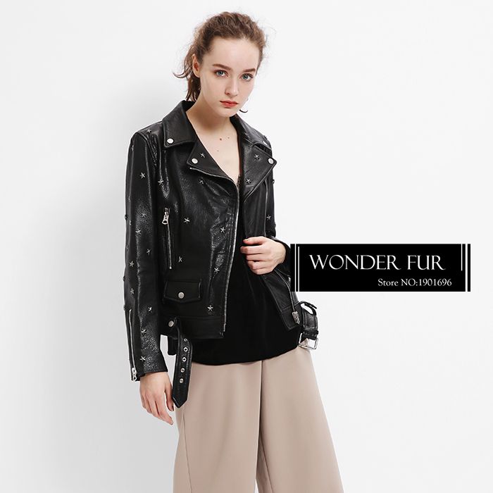 2019 Rock Style Black Goat Leather Jacket Women S Punk Sheep Rock Style Black Goat Leather Jacket Women S Punk Sheep Coat With Zipper Top Quality Spring Star Rivet Sheepskin