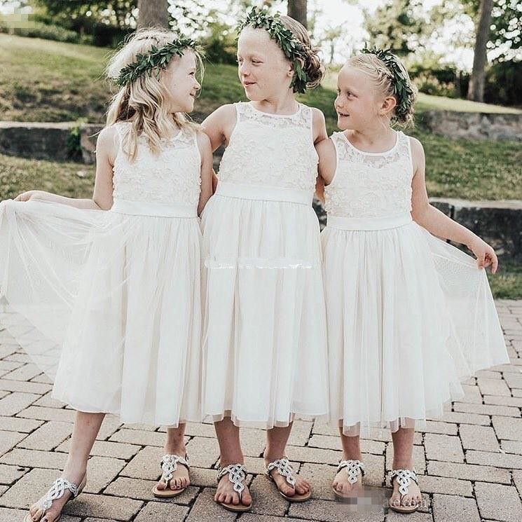 white tea length flower girl dress