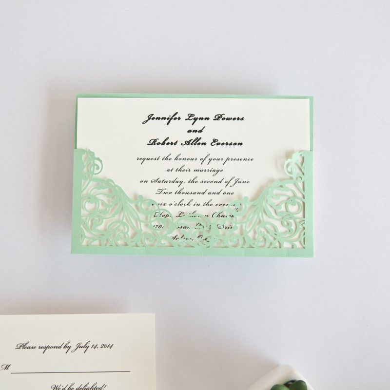 elegant mint green laser cut pocket wedding invitations customized