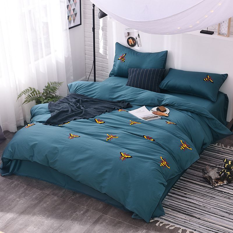 60s Cotton Bee Embroidered Cute Bedding Set King Queen Size Bed 60s Cotton Bee Embroidered Cute Bedding Set King Queen Size Bed Linen Bedclothes Green Brown Color Satin Duvet Cover Pillow Black Covers