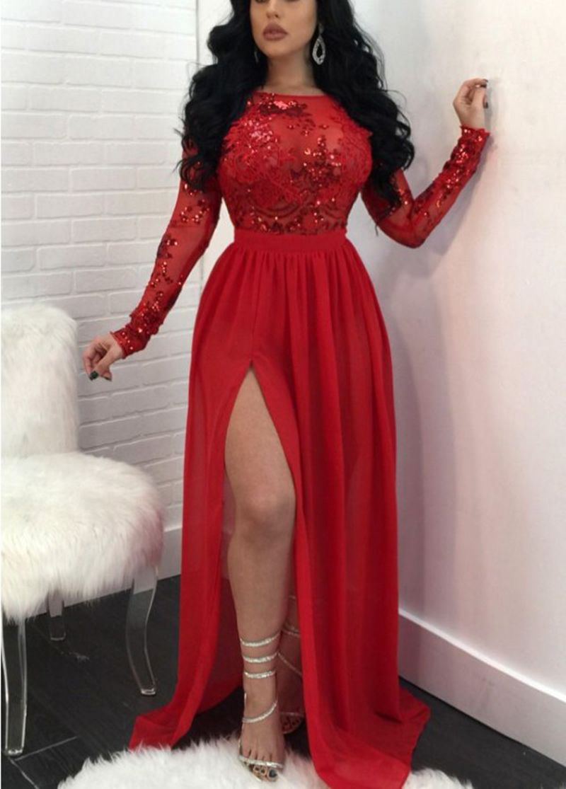 Glamorous Long Sleeves Red A Line Prom Dresses 2018 New Sexy Side Split
